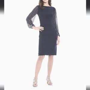 MARINA Plus Size Boat Neck Beaded Sleeves Dress Black Size 18